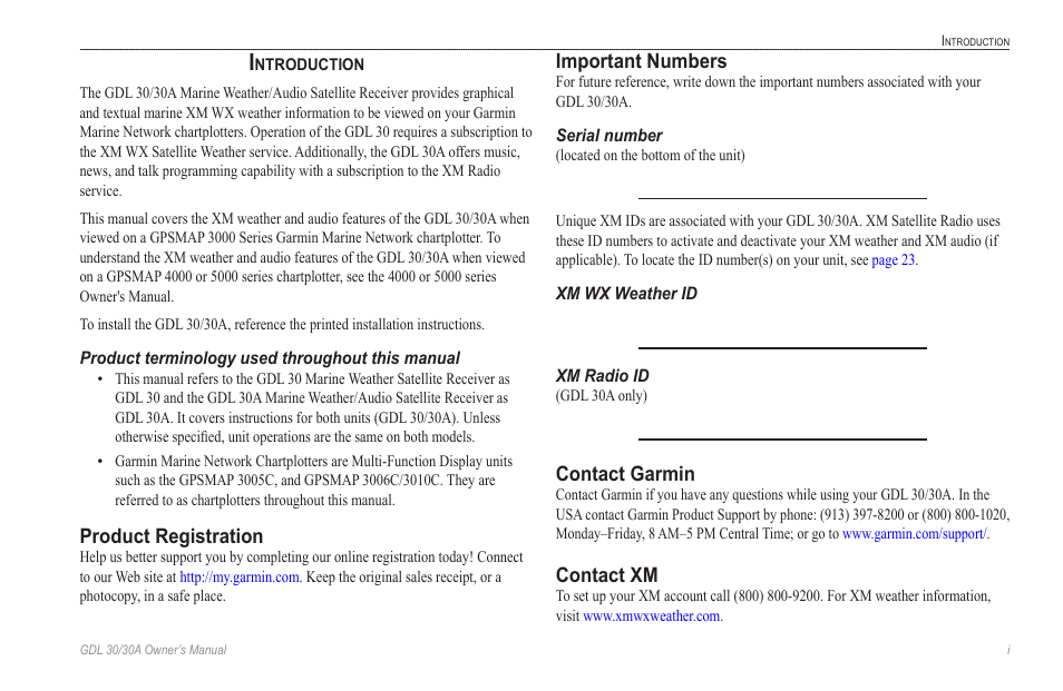 Introduction, Product terminology used throughout this manual, Product registration | Important numbers, Serial number, Xm wx weather id, Xm radio id, Contact garmin, Contact xm | Garmin GDL 30 User Manual | Page 3 / 34