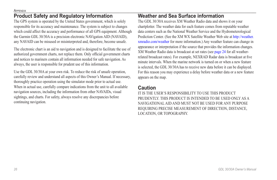 Product safety and regulatory information, Weather and sea surface information, Caution | Garmin GDL 30 User Manual | Page 30 / 34