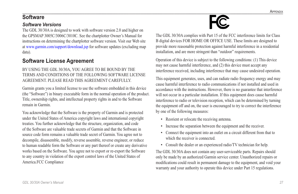 Software, Software versions, Software license agreement | Garmin GDL 30 User Manual | Page 31 / 34