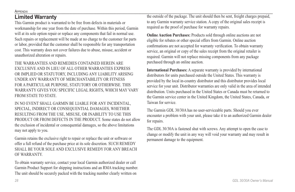 Limited warranty | Garmin GDL 30 User Manual | Page 32 / 34