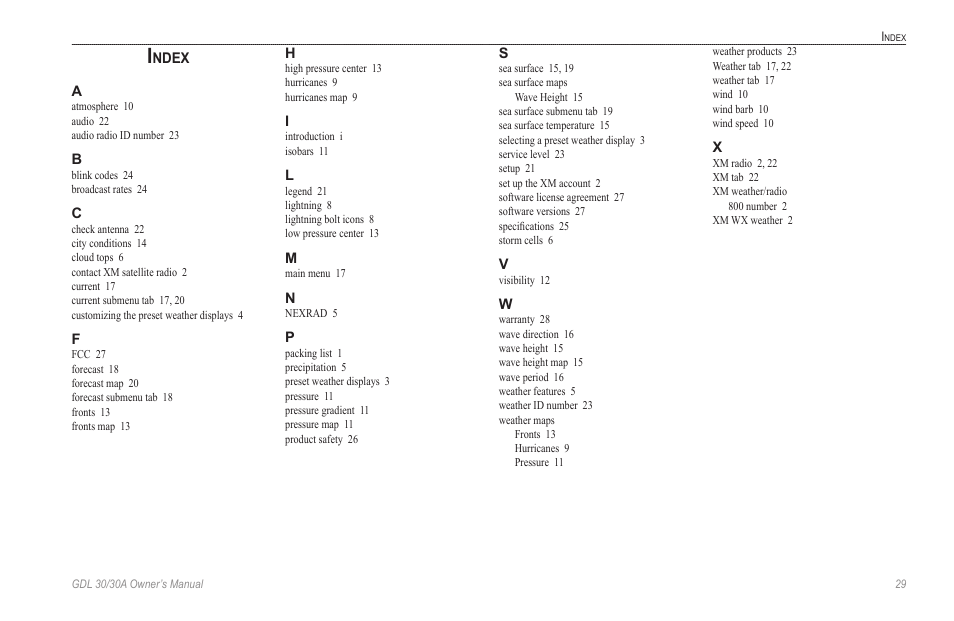 Index | Garmin GDL 30 User Manual | Page 33 / 34