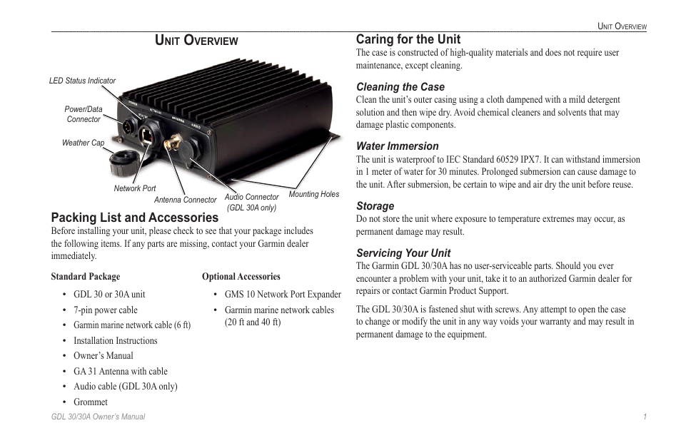 Unit overview, Packing list and accessories, Caring for the unit | Cleaning the case, Water immersion, Storage, Servicing your unit | Garmin GDL 30 User Manual | Page 5 / 34