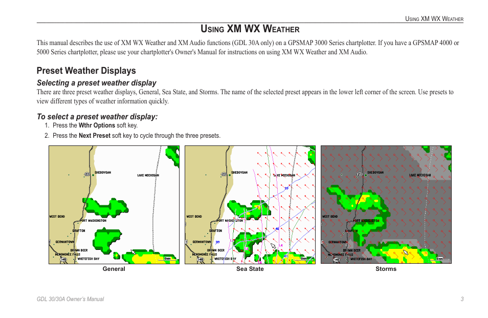 Using xm wx weather, Preset weather displays, Selecting a preset weather display | To select a preset weather display, Xm wx w | Garmin GDL 30 User Manual | Page 7 / 34