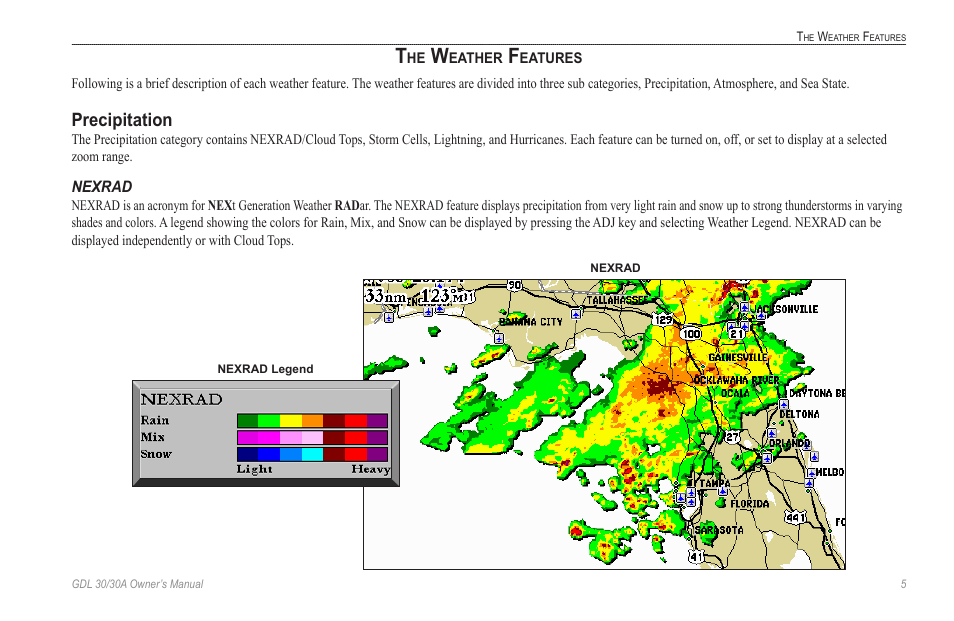 The weather features, Precipitation, Nexrad | Garmin GDL 30 User Manual | Page 9 / 34