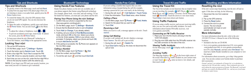 Tips and shortcuts bluetooth, Locking your nüvi, Using hands-free features | Using the travel kit, Using traffic features, Resetting the nüvi, More information | Garmin Nuvi 310  EN User Manual | Page 2 / 2