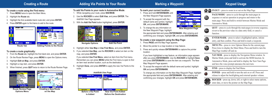 Creating a route, Adding via points to your route, Marking a waypoint | Keypad usage | Garmin GPSMAP 190-00683-01 User Manual | Page 2 / 2