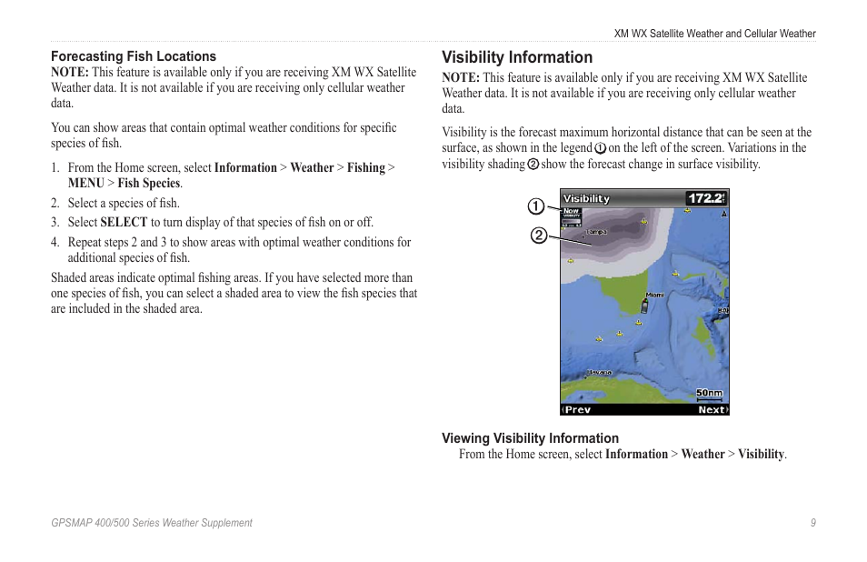 Visibility information, Forecasting fish locations, Isibility | Garmin GPSMAP 400 Weather and XM Satellite Radio User Manual | Page 13 / 28