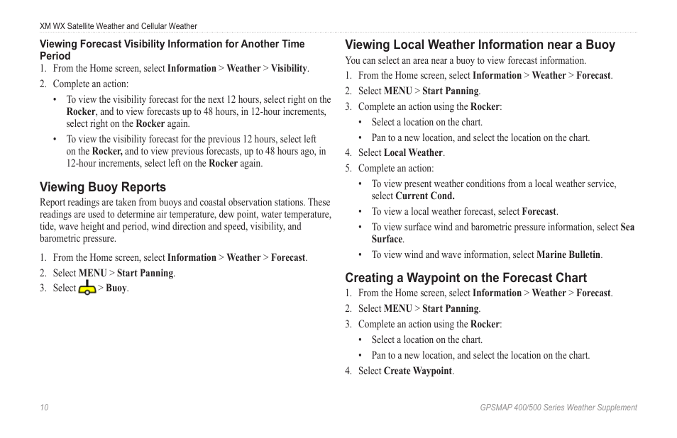 Viewing buoy reports, Viewing local weather information near a buoy, Creating a waypoint on the forecast chart | Viewing local weather, Information near a buoy, Creating a waypoint on the, Forecast chart | Garmin GPSMAP 400 Weather and XM Satellite Radio User Manual | Page 14 / 28