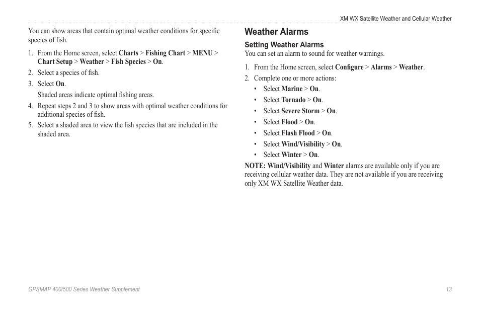 Weather alarms | Garmin GPSMAP 400 Weather and XM Satellite Radio User Manual | Page 17 / 28