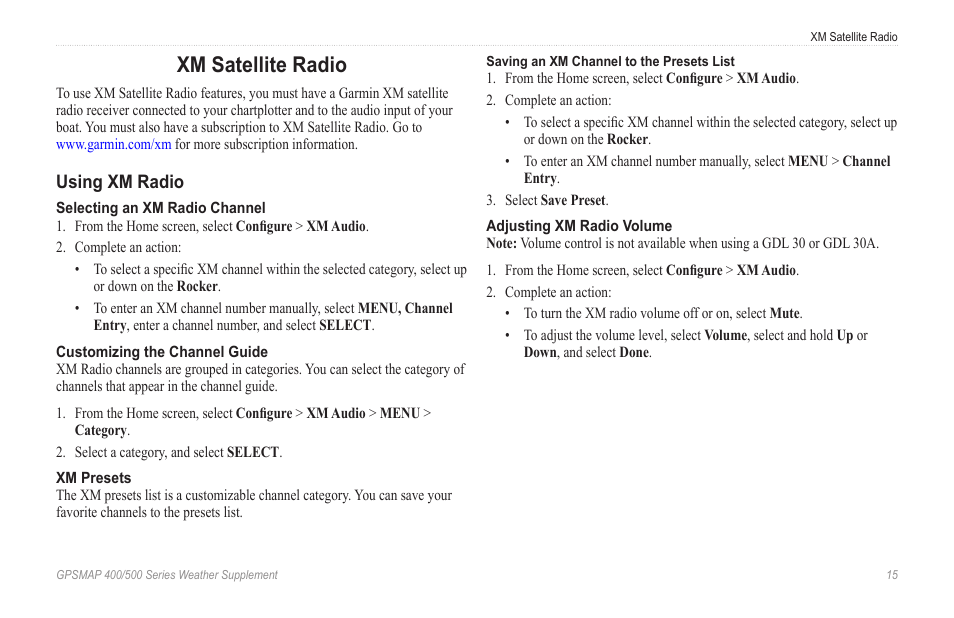 Xm satellite radio, Using xm radio | Garmin GPSMAP 400 Weather and XM Satellite Radio User Manual | Page 19 / 28