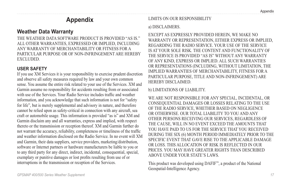 Appendix, Weather data warranty | Garmin GPSMAP 400 Weather and XM Satellite Radio User Manual | Page 21 / 28