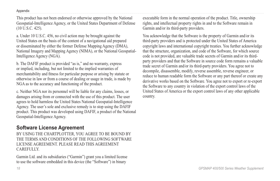 Software license agreement | Garmin GPSMAP 400 Weather and XM Satellite Radio User Manual | Page 22 / 28