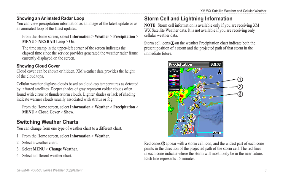 Switching weather charts, Storm cell and lightning information, Storm cell and lightning | Information, Satellite cloud cover | Garmin GPSMAP 400 Weather and XM Satellite Radio User Manual | Page 7 / 28