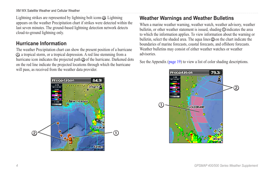 Hurricane information, Weather warnings and weather bulletins, Weather warnings and weather | Bulletins, Racks, Rack | Garmin GPSMAP 400 Weather and XM Satellite Radio User Manual | Page 8 / 28