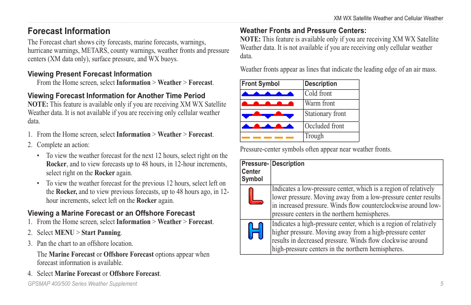 Forecast information | Garmin GPSMAP 400 Weather and XM Satellite Radio User Manual | Page 9 / 28