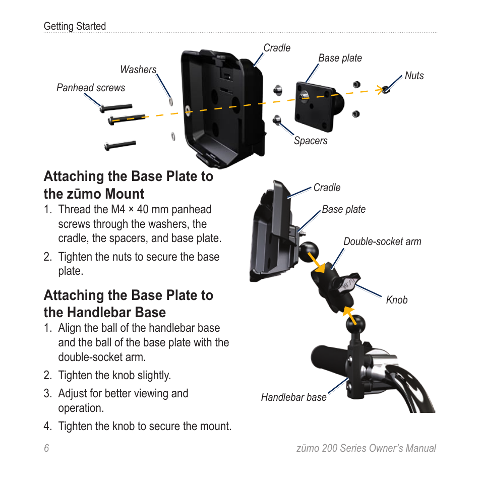 Attaching the base plate to the zūmo mount, Attaching the base plate to the handlebar base | Garmin ZUMO 200 User Manual | Page 10 / 58