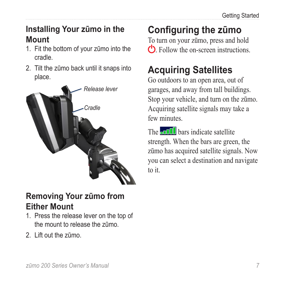 Configuring the zūmo, Acquiring satellites | Garmin ZUMO 200 User Manual | Page 11 / 58