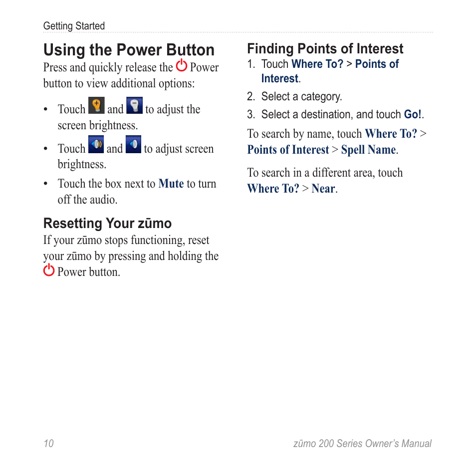 Using the power button | Garmin ZUMO 200 User Manual | Page 14 / 58