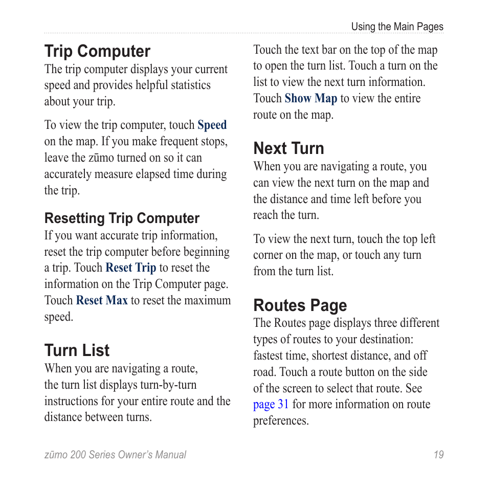 Trip computer, Turn list, Next turn | Routes page | Garmin ZUMO 200 User Manual | Page 23 / 58