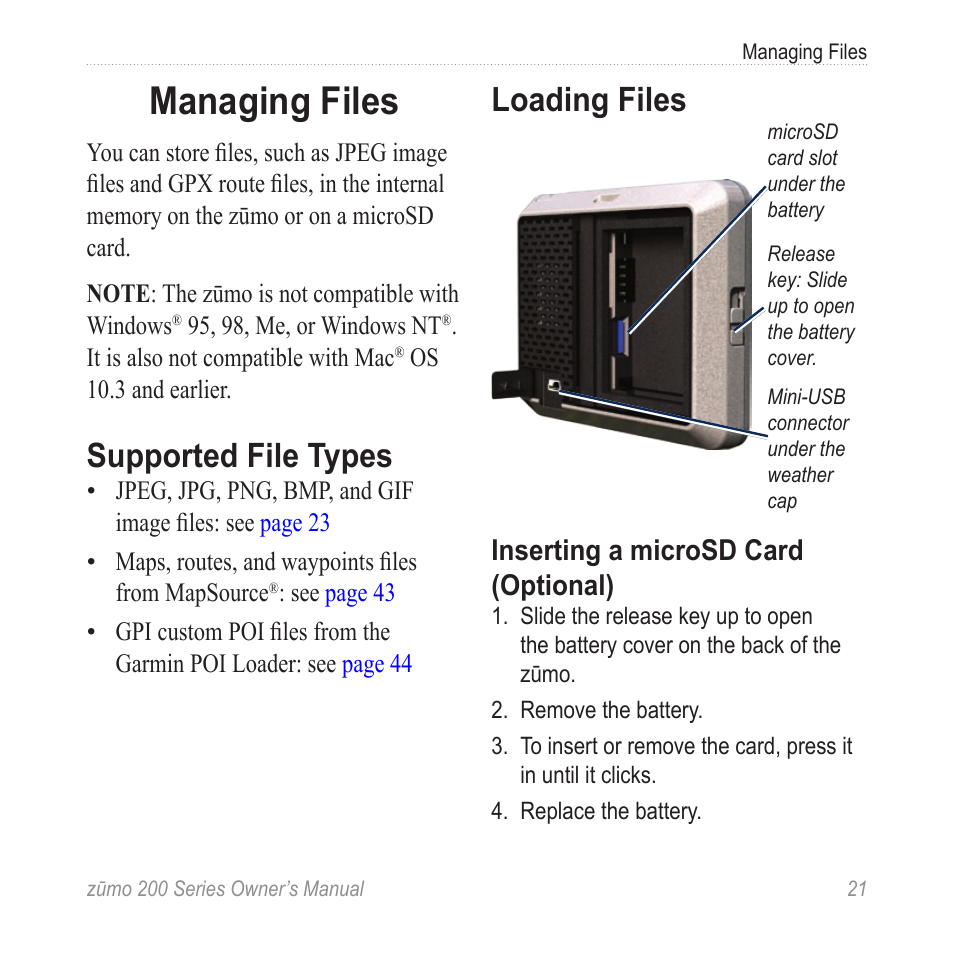 Managing files, Supported file types, Loading files | Inserting a microsd card (optional) | Garmin ZUMO 200 User Manual | Page 25 / 58