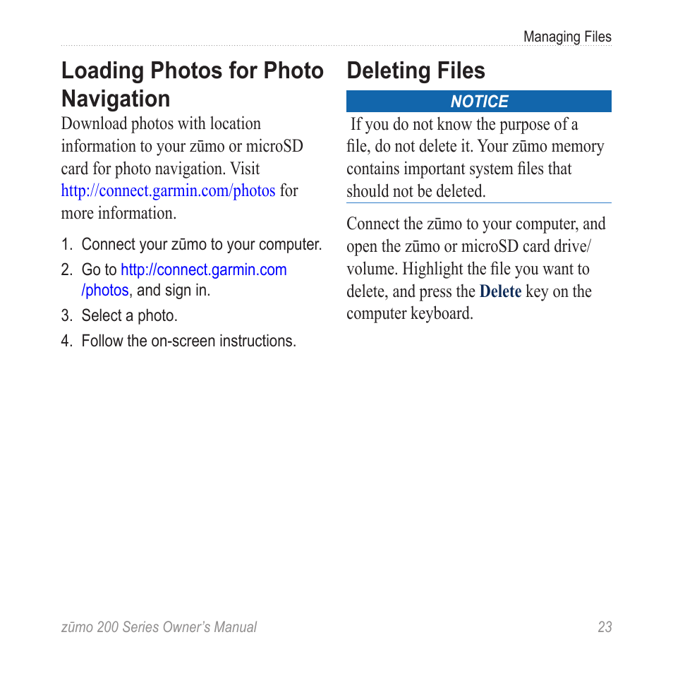 Loading photos for photo navigation, Deleting files, Loading photos for photo | Navigation | Garmin ZUMO 200 User Manual | Page 27 / 58