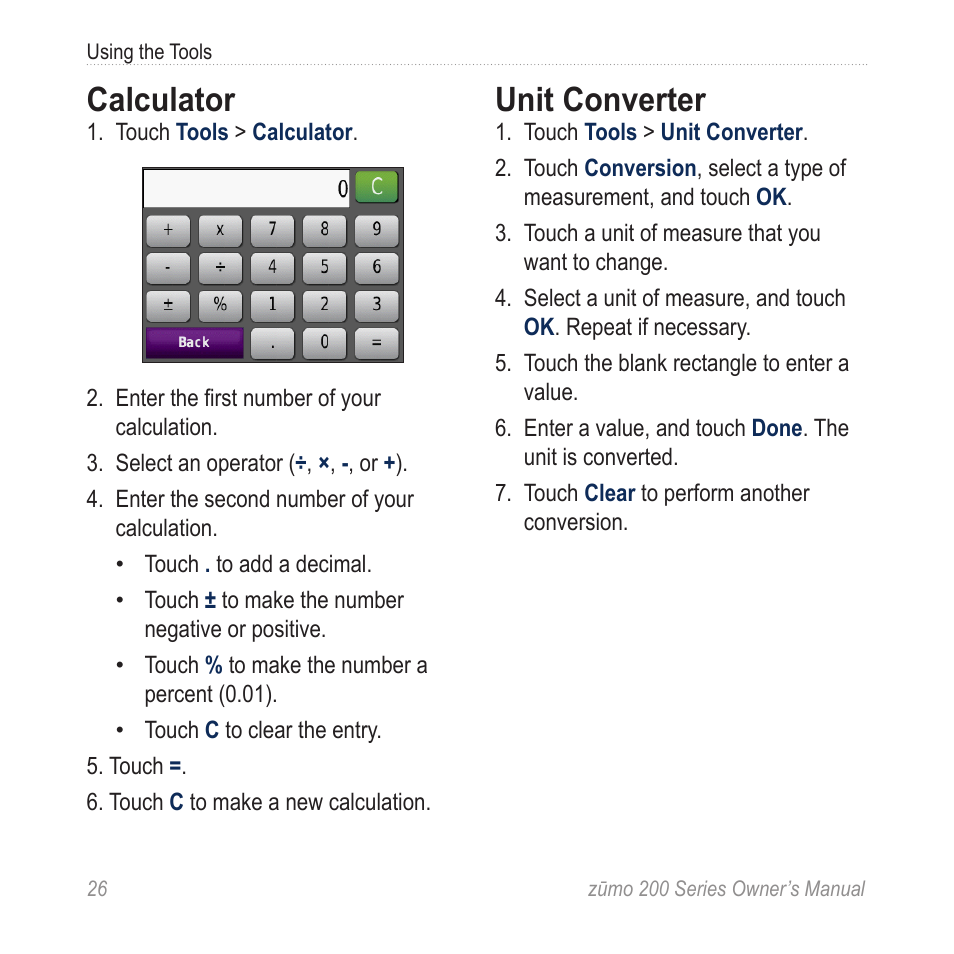 Calculator, Unit converter | Garmin ZUMO 200 User Manual | Page 30 / 58