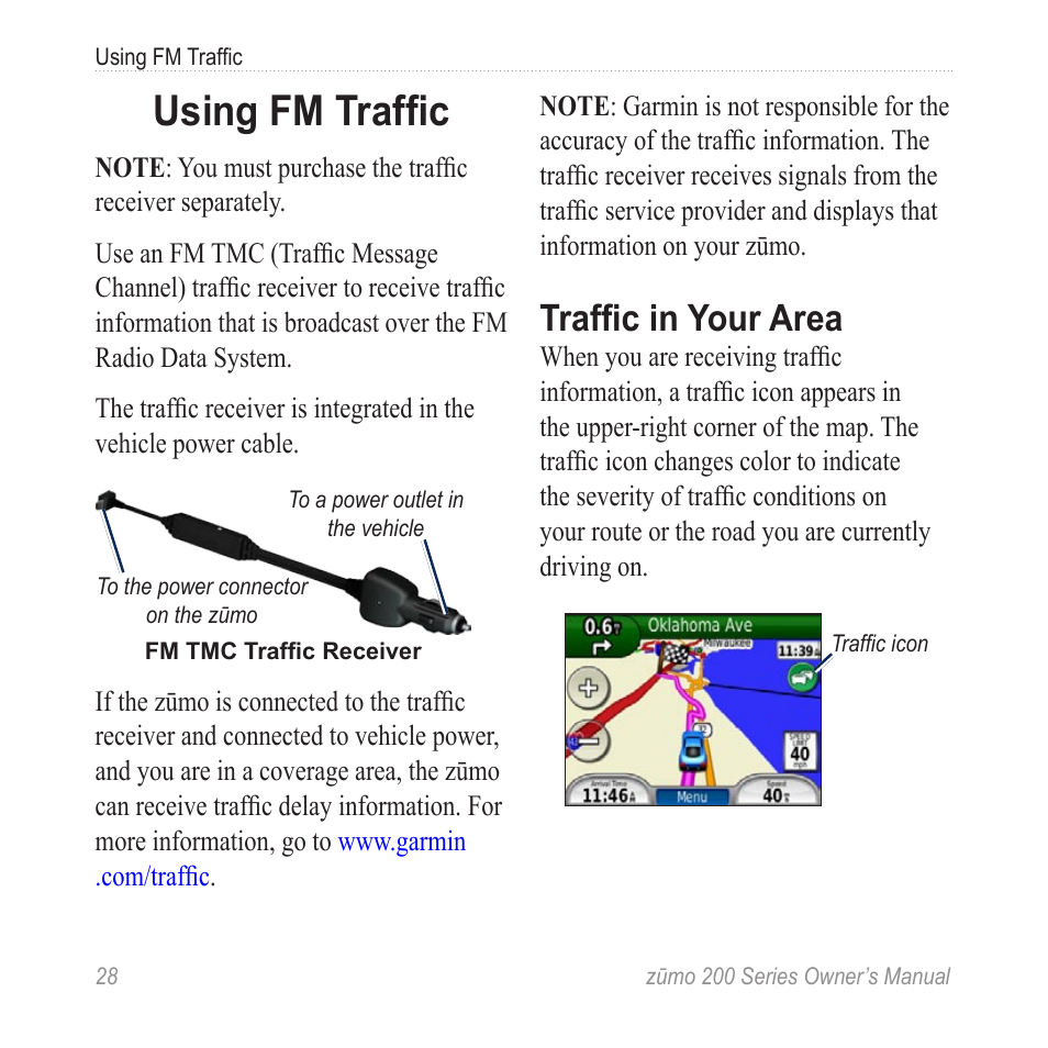 Using fm traffic, Traffic in your area | Garmin ZUMO 200 User Manual | Page 32 / 58