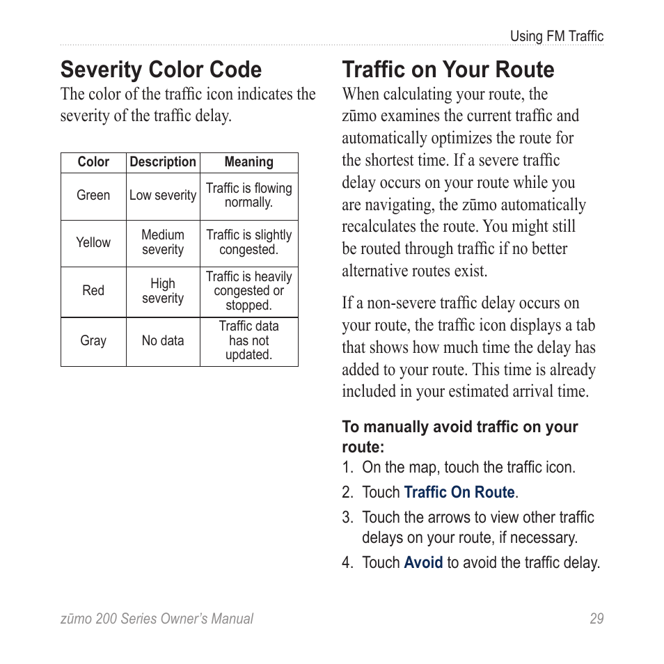 Severity color code, Traffic on your route | Garmin ZUMO 200 User Manual | Page 33 / 58