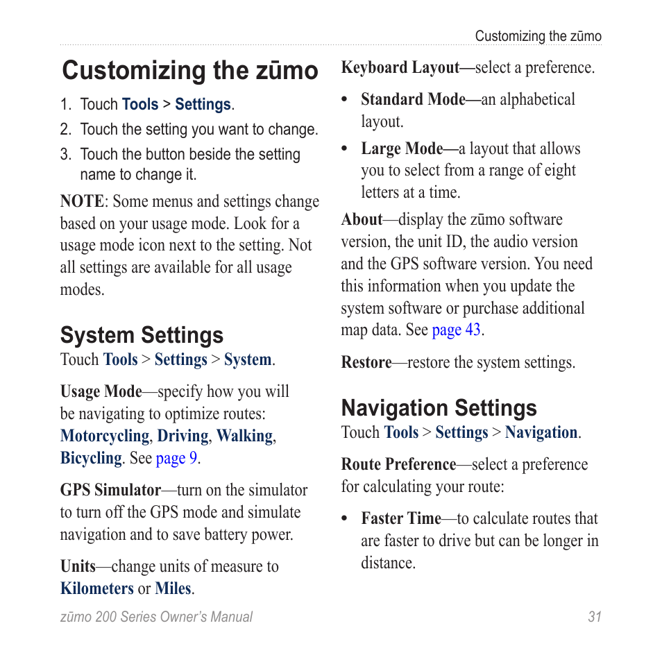 Customizing the zūmo, System settings, Navigation settings | Garmin ZUMO 200 User Manual | Page 35 / 58