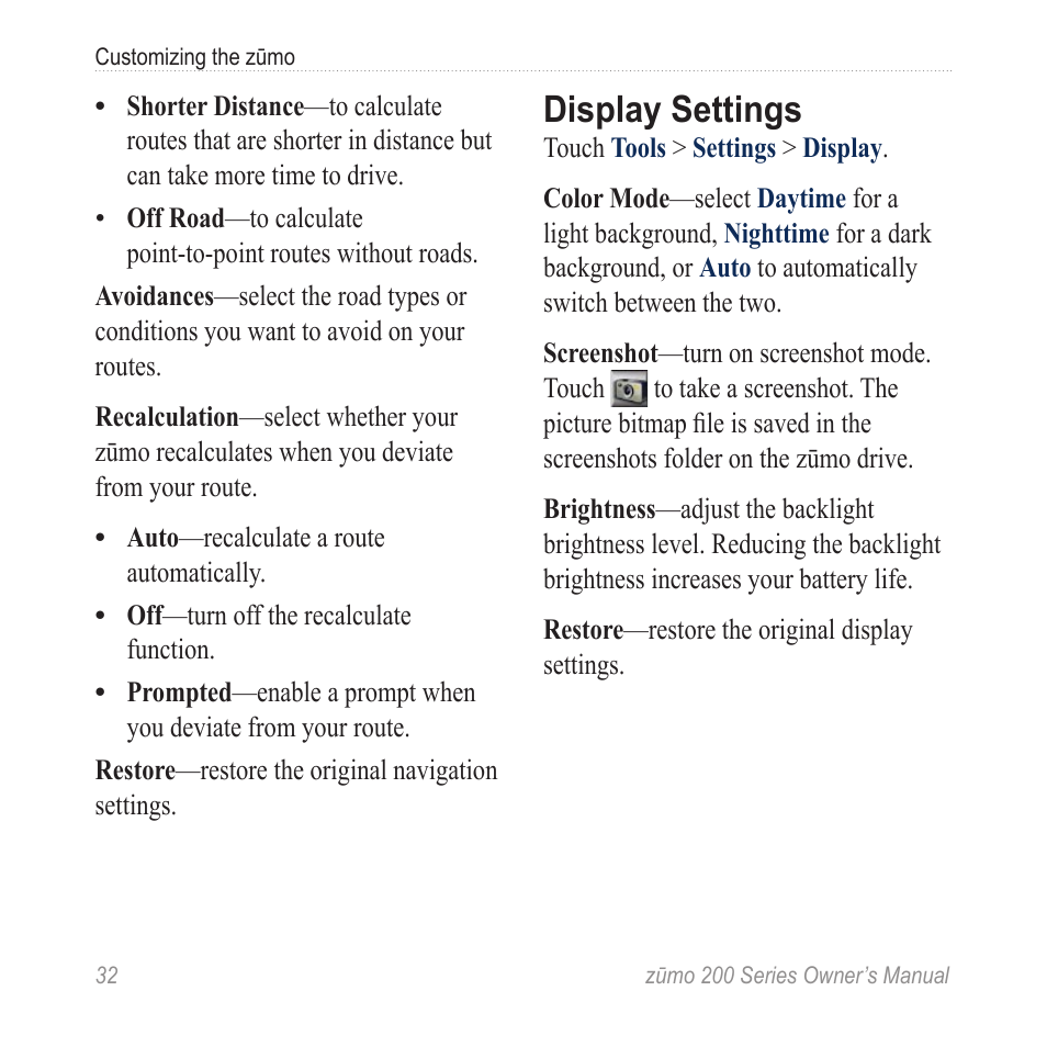 Display settings | Garmin ZUMO 200 User Manual | Page 36 / 58