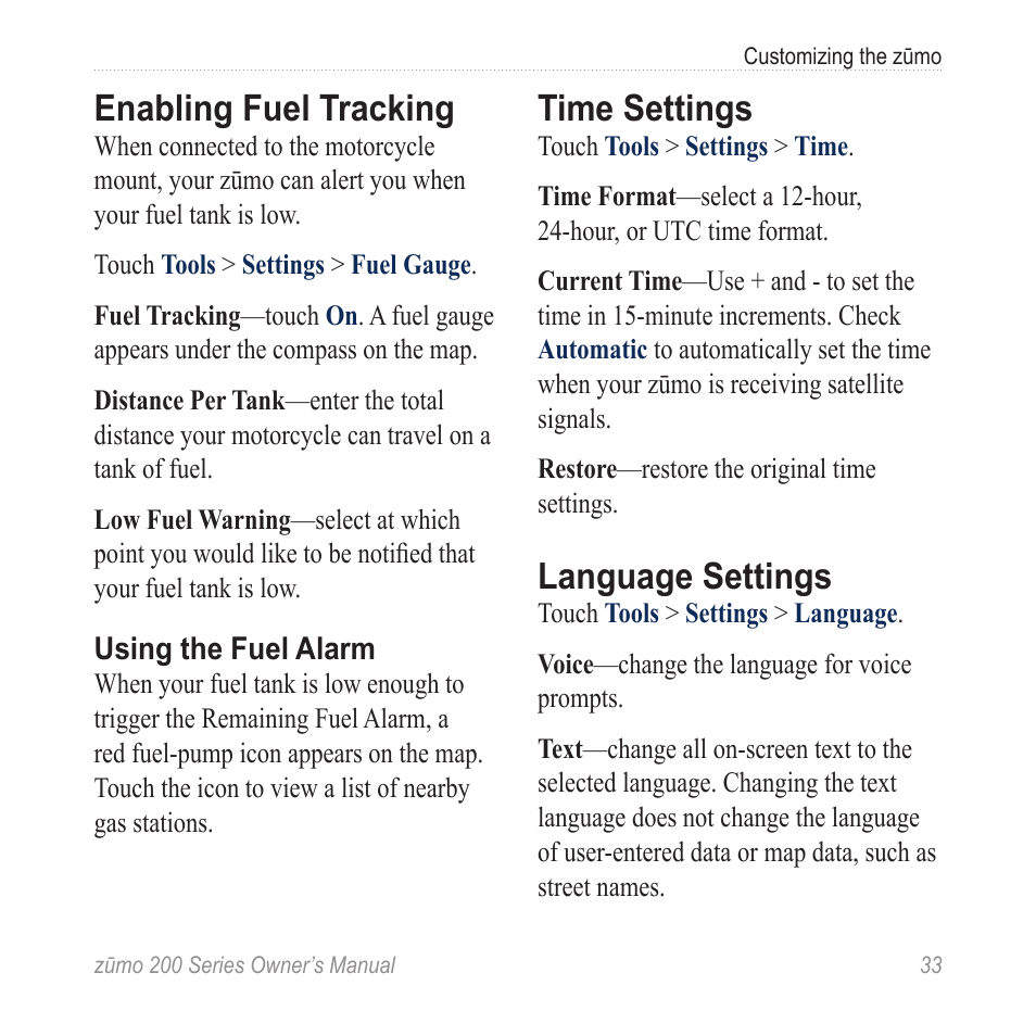 Enabling fuel tracking, Time settings, Language settings | Garmin ZUMO 200 User Manual | Page 37 / 58