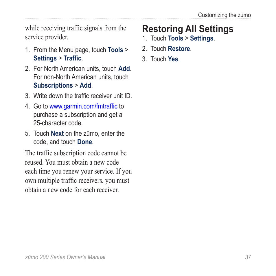 Restoring all settings | Garmin ZUMO 200 User Manual | Page 41 / 58