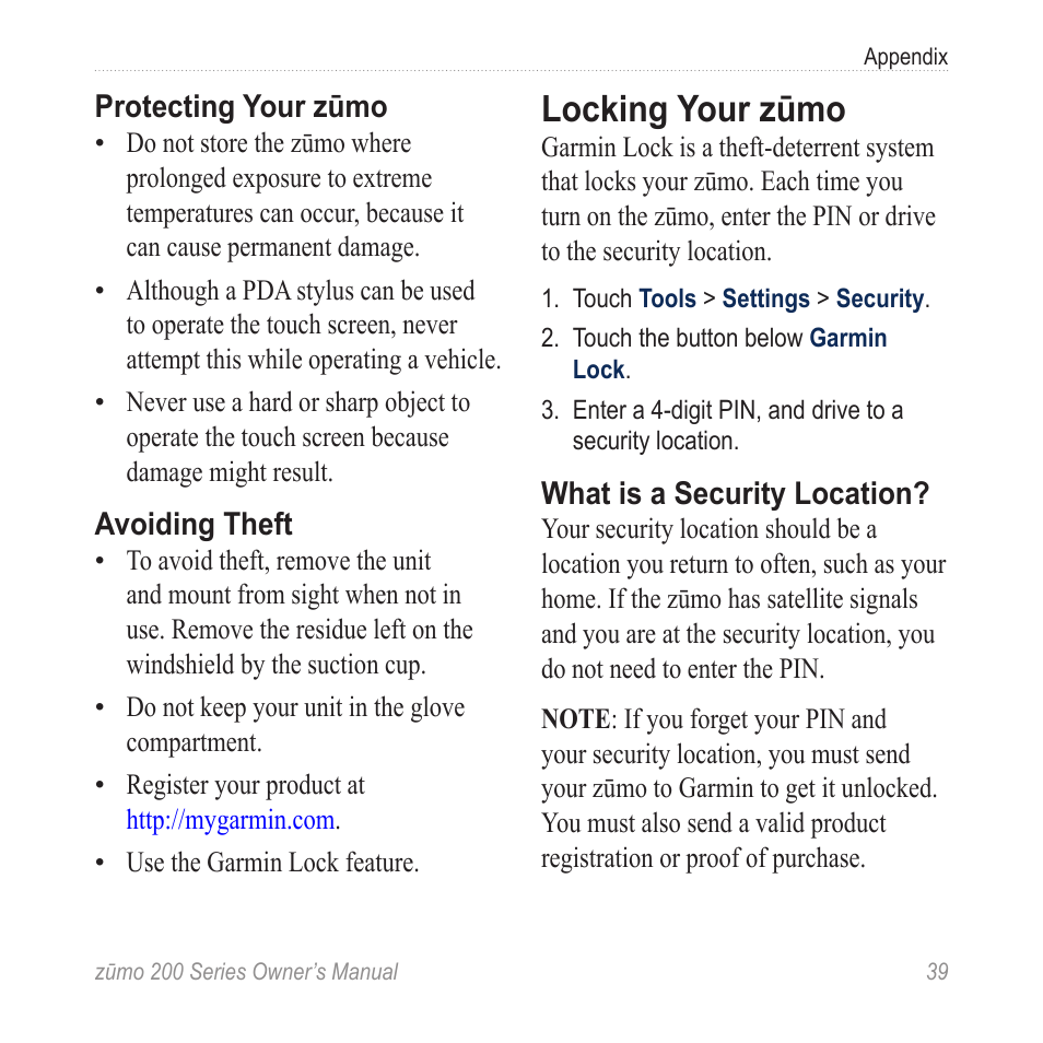 Locking your zūmo | Garmin ZUMO 200 User Manual | Page 43 / 58