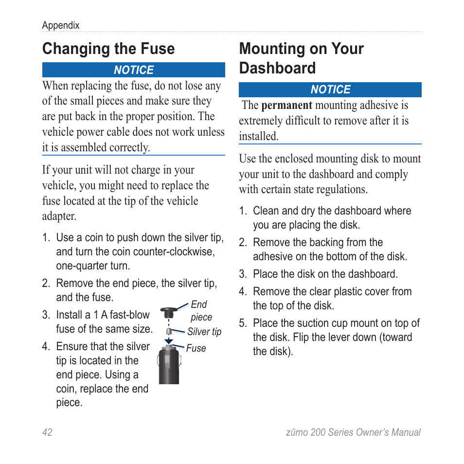 Changing the fuse, Mounting on your dashboard | Garmin ZUMO 200 User Manual | Page 46 / 58