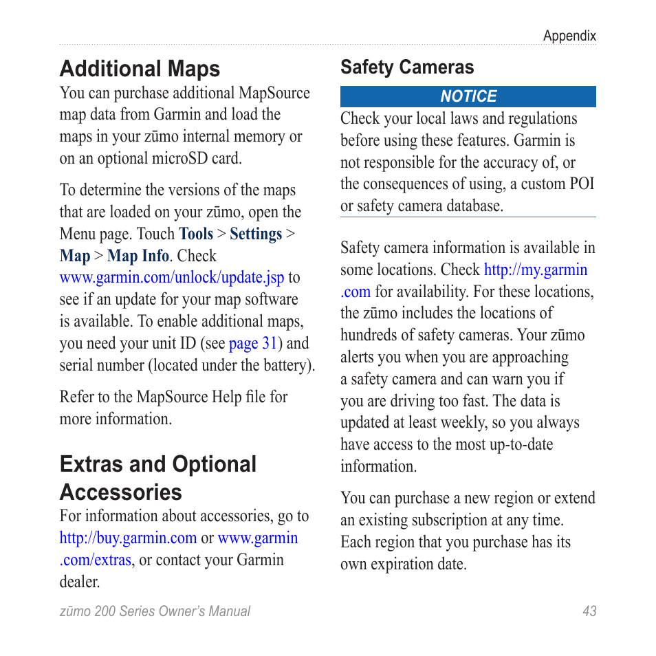 Additional maps, Extras and optional accessories | Garmin ZUMO 200 User Manual | Page 47 / 58