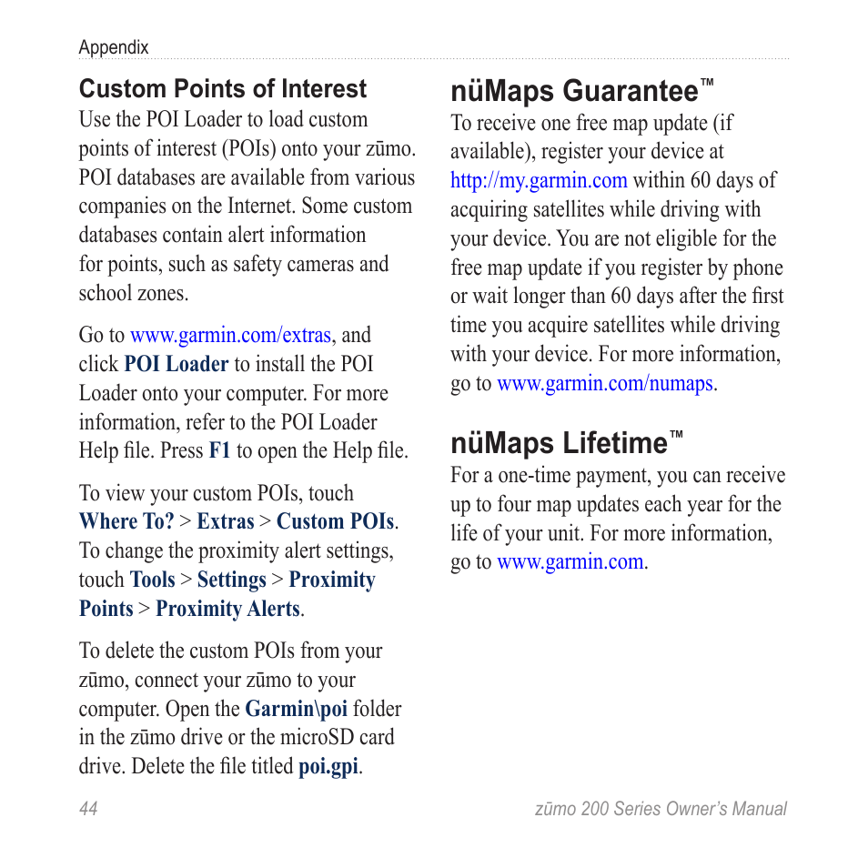 Nümaps guarantee, Nümaps lifetime, Garmin poi loader: see | Garmin ZUMO 200 User Manual | Page 48 / 58