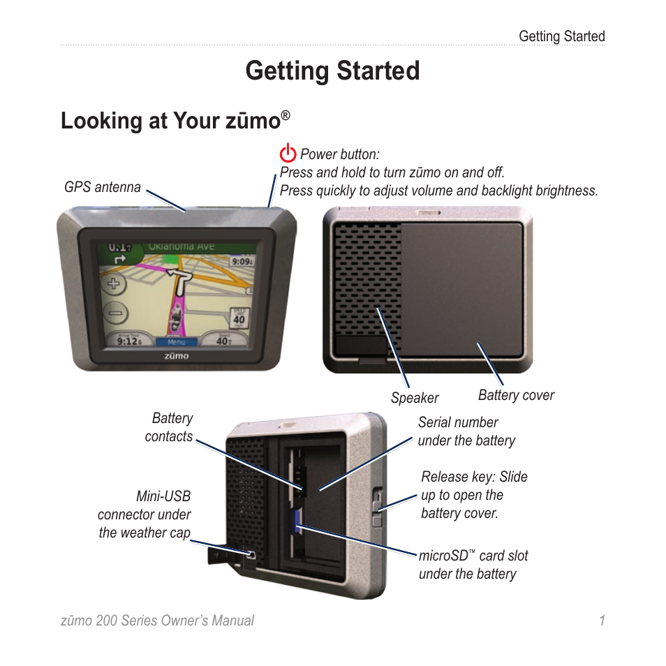 Getting started, Looking at your zūmo | Garmin ZUMO 200 User Manual | Page 5 / 58