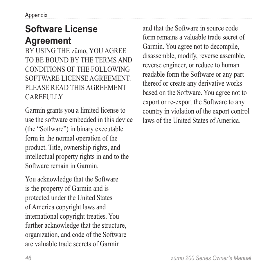 Software license agreement | Garmin ZUMO 200 User Manual | Page 50 / 58