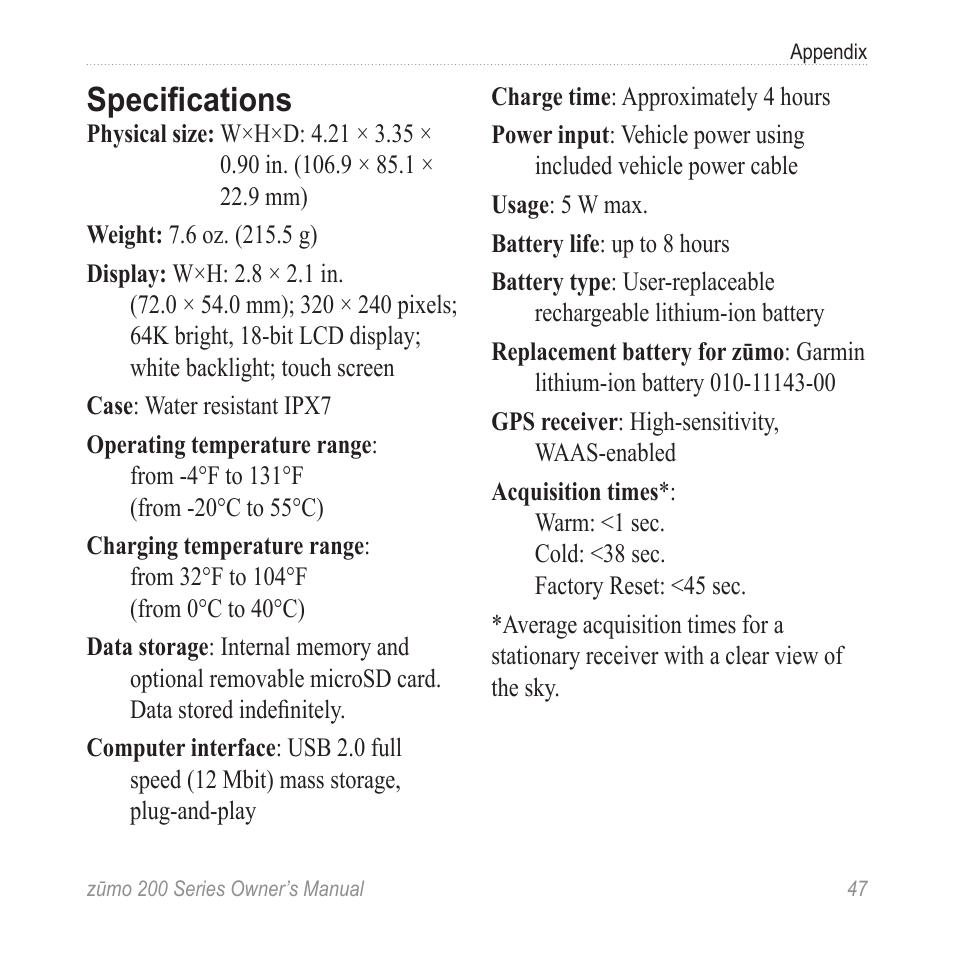 Specifications | Garmin ZUMO 200 User Manual | Page 51 / 58