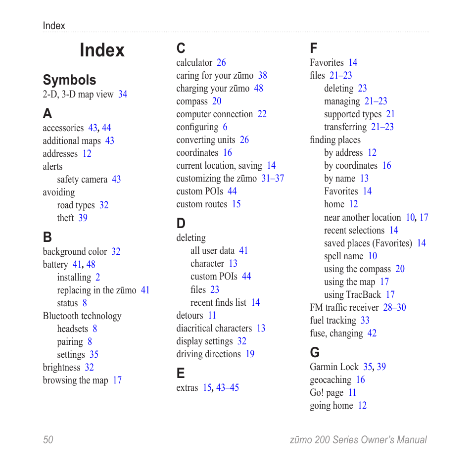 Index, Symbols | Garmin ZUMO 200 User Manual | Page 54 / 58