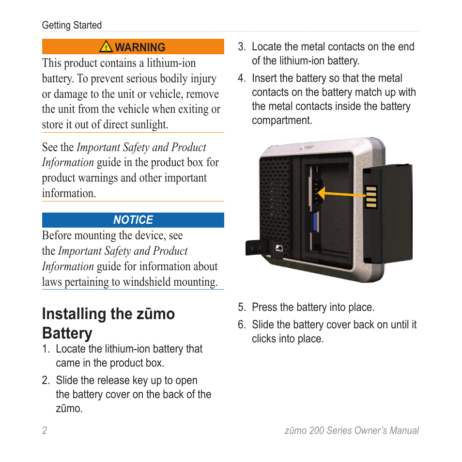 Installing the zūmo battery | Garmin ZUMO 200 User Manual | Page 6 / 58