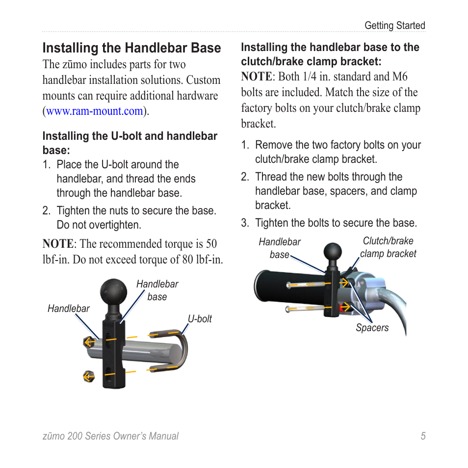 Installing the handlebar base | Garmin ZUMO 200 User Manual | Page 9 / 58