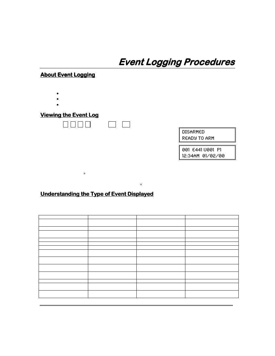 Event logging procedures, About event logging, Viewing the event log | Understanding the type of event displayed, Disarmed ready to arm | Garmin FA168CPS User Manual | Page 37 / 64