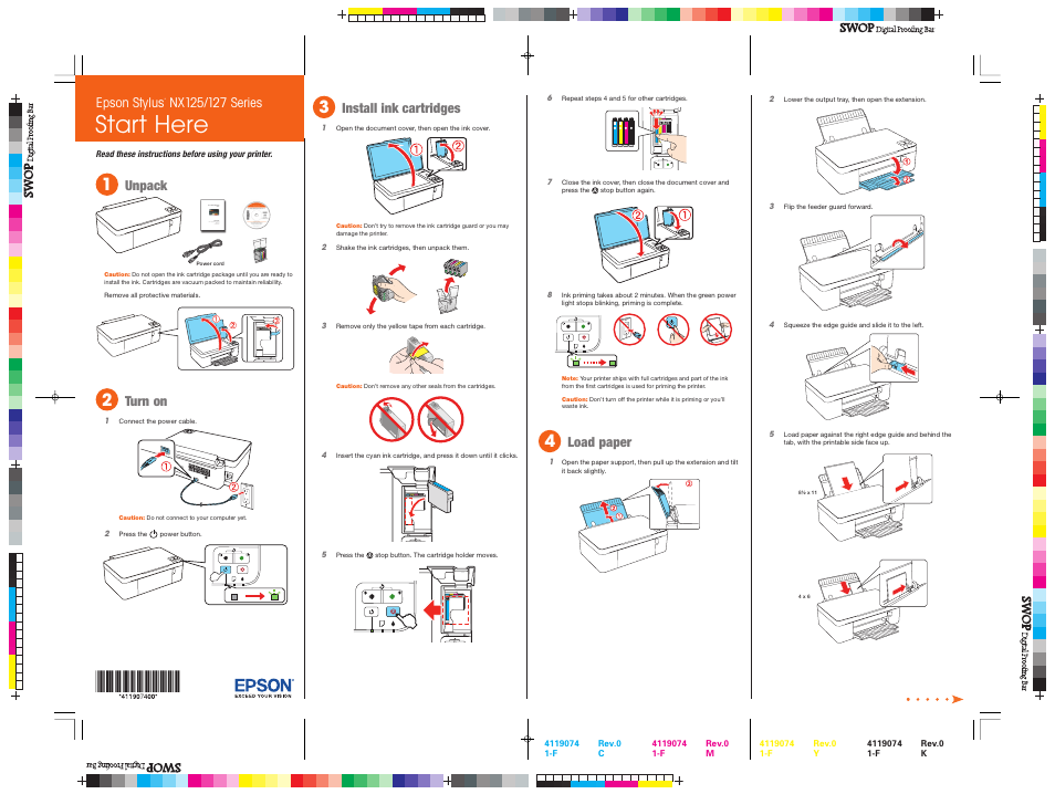 Load paper, Start here, Unpack | Turn on, Install ink cartridges, Epson stylus | Garmin STYLUS NX125 User Manual | Page 2 / 4