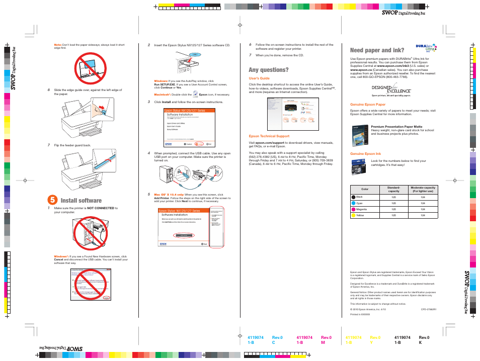 Install software, Need paper and ink, Any questions | Garmin STYLUS NX125 User Manual | Page 3 / 4