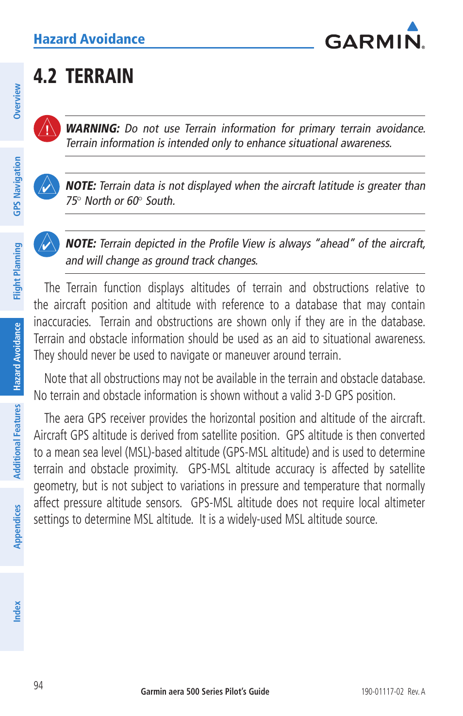 2 terrain, Hazard avoidance | Garmin aera 500 User Manual | Page 106 / 202