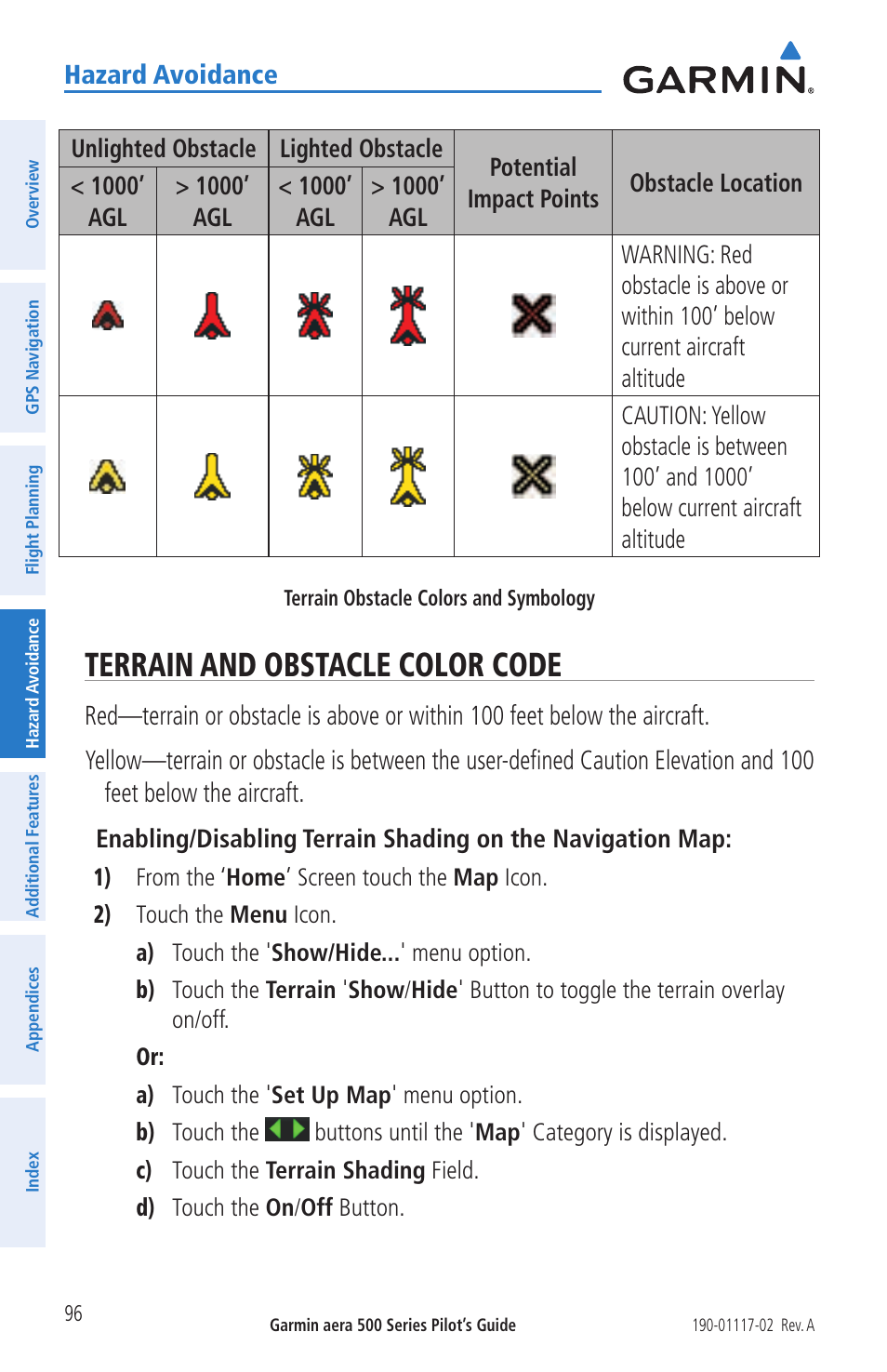 Terrain and obstacle color code, Hazard avoidance | Garmin aera 500 User Manual | Page 108 / 202