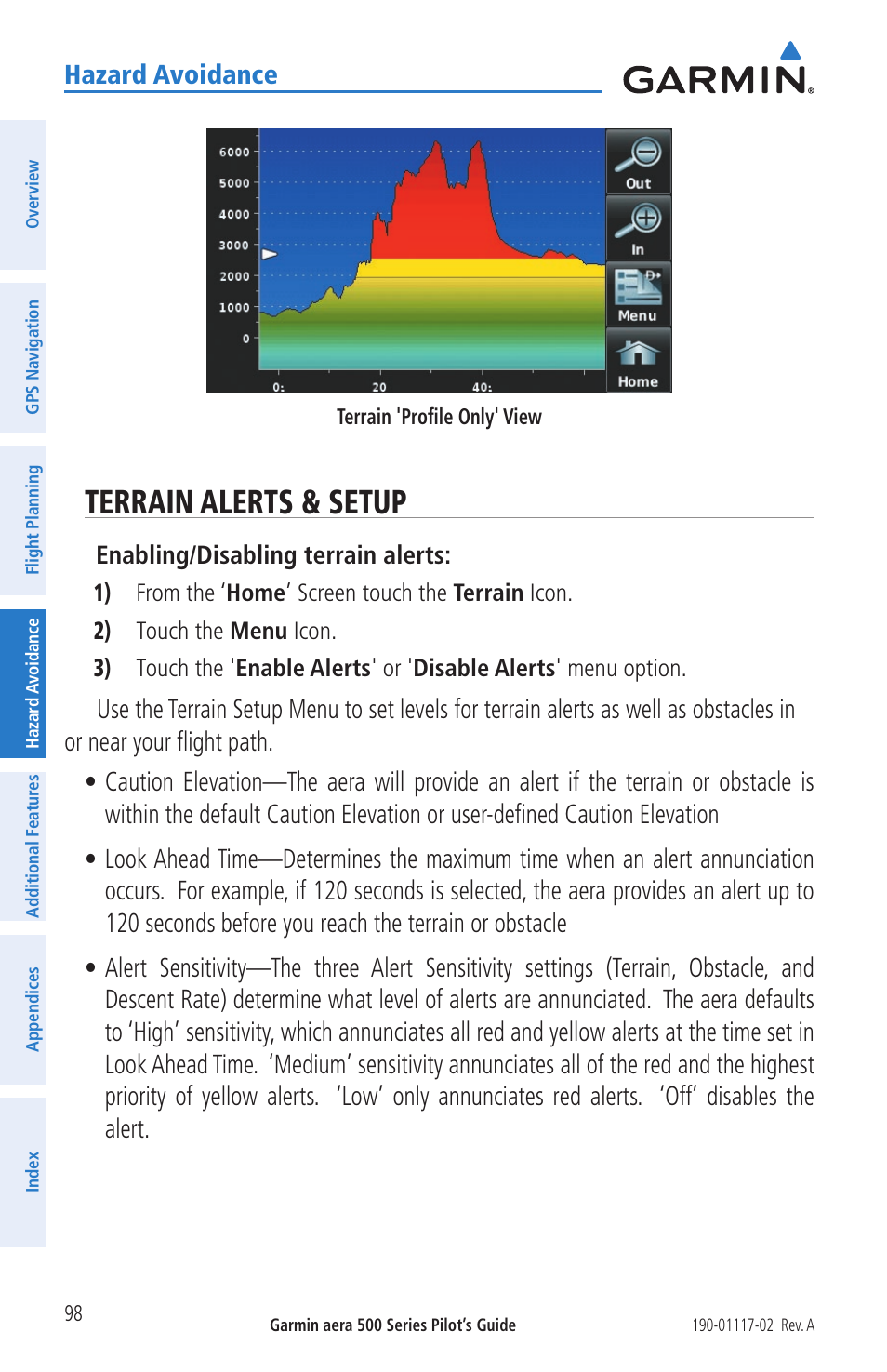 Terrain alerts & setup, Hazard avoidance | Garmin aera 500 User Manual | Page 110 / 202