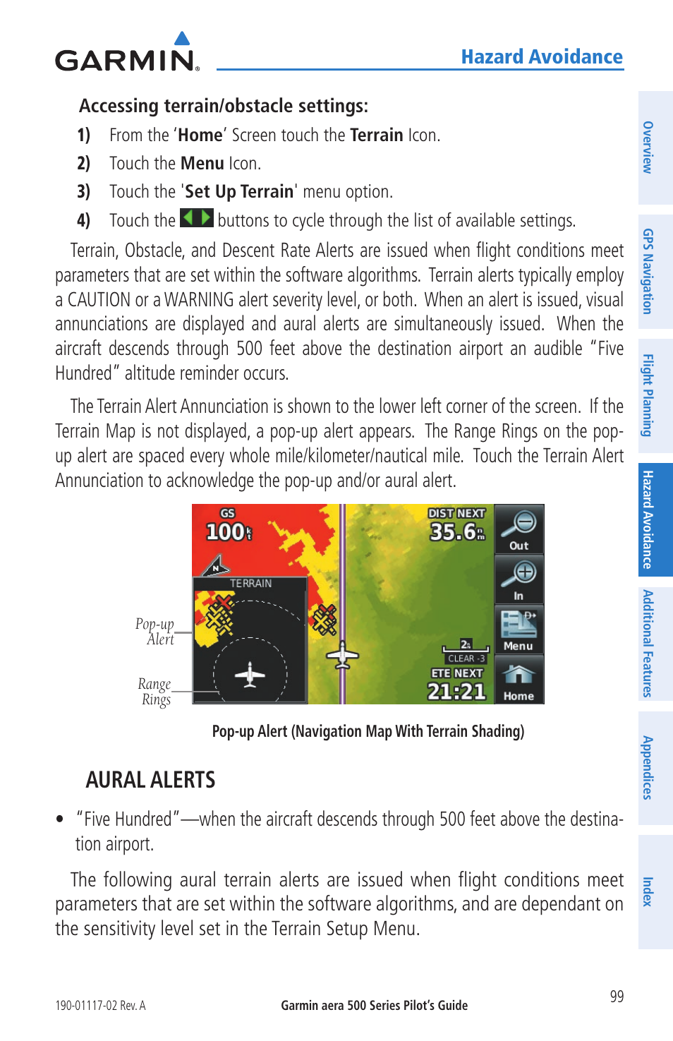 Aural alerts, Hazard avoidance | Garmin aera 500 User Manual | Page 111 / 202