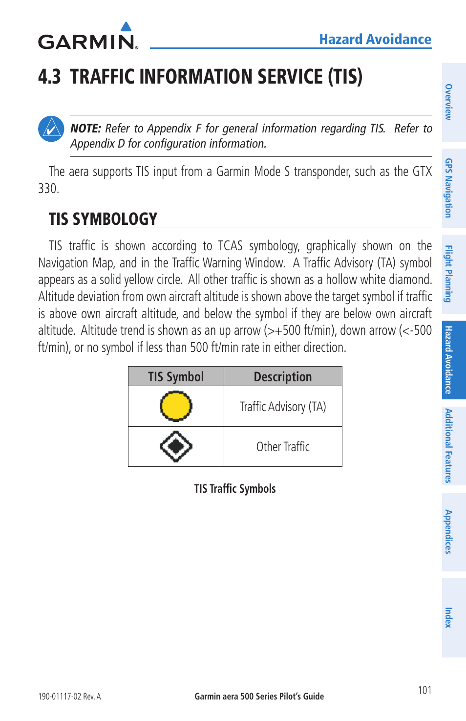 3 traffic information service (tis), Tis symbology, Hazard avoidance | Garmin aera 500 User Manual | Page 113 / 202